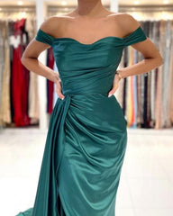 Simple Long Dark Green Off-the-shoulder Slit Mermaid Prom Dresses-misshow.com