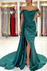 Simple Long Dark Green Off-the-shoulder Slit Mermaid Prom Dresses-misshow.com