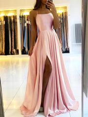 Simple Long Evening Dress Spaghetti Straps Prom Dresses With Slit-misshow.com