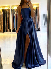 Simple Long Evening Dress Spaghetti Straps Prom Dresses With Slit-misshow.com