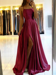 Simple Long Evening Dress Spaghetti Straps Prom Dresses With Slit-misshow.com