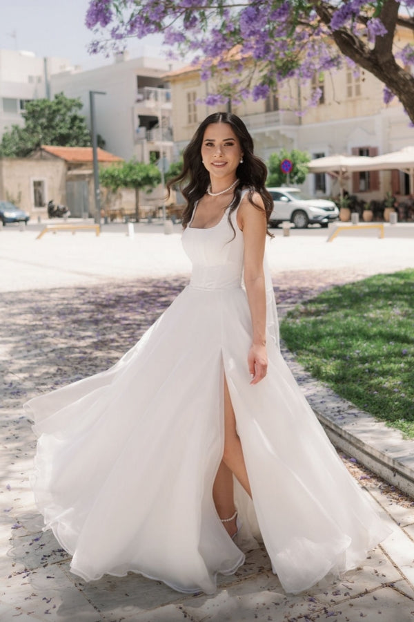 Simple Long Ivory A-line Straps Tulle Sleeveless Wedding Dress with Slit