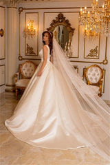 Simple Long Ivory A-line V-neck Satin Sleeveless Wedding Dresses With Train-misshow.com