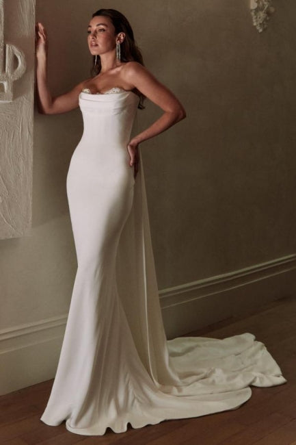 Simple Long Ivory Mermaid Strapless Satin Wedding Dress with Lace