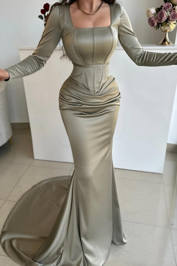 Simple Long Mermaid Square Neck Satin Prom Dress with Long Sleeves