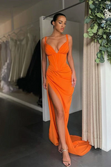 Simple Long Mermaid V-neck Sleeveless Prom Dress With Slit-misshow.com