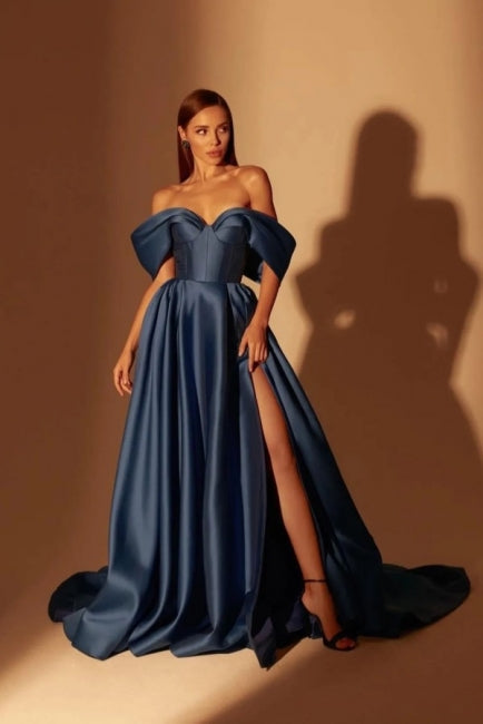 Simple Long Navy Blue A-line Off-the-shoulder Prom Dresses With Slit-misshow.com