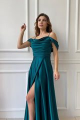 Simple Long Off-the-shoulder A-line Evening Dresses Prom Dresses With Slit-misshow.com