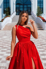 Simple Long Red A-line One Shoulder Satin Sleeveless Evening Dresses With Slit-misshow.com