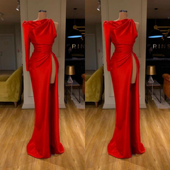 Simple Long Red Mermaid Satin Split Prom Dress With Long Sleeve-misshow.com