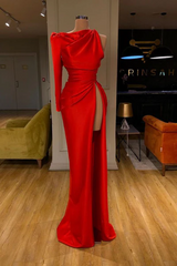 Simple Long Red Mermaid Satin Split Prom Dress With Long Sleeve-misshow.com