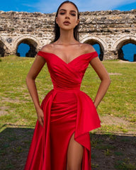 Simple Long Red Off-the-shoulder Split Mermaid Prom Dresses-misshow.com