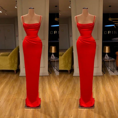 Simple Long Red Spaghetti Straps Mermaid Sleeveless Prom Dress-misshow.com