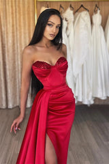 Simple Long Red Sweetheart Sequined Prom Dress With Slit-misshow.com