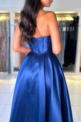 Simple Long Royal Blue Off-the-shoulder A-line Sleeveless Satin Prom Dress