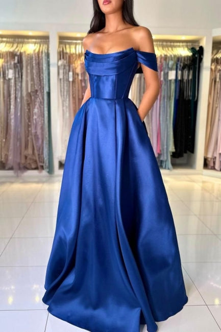 Simple Long Royal Blue Off-the-shoulder A-line Sleeveless Satin Prom Dress