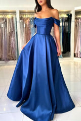 Simple Long Royal Blue Off-the-shoulder A-line Sleeveless Satin Prom Dress