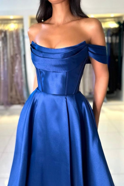 Simple Long Royal Blue Off-the-shoulder A-line Sleeveless Satin Prom Dress