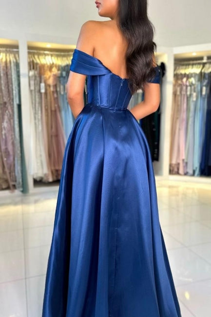 Simple Long Royal Blue Off-the-shoulder A-line Sleeveless Satin Prom Dress