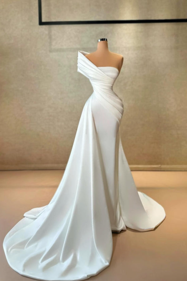 Simple Long White Mermaid One Shoulder Satin Sleeveless Wedding Dress