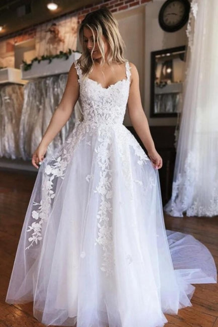 Simple Off-the-shoulder A-line Sleeveless Wedding Dress With Lace-misshow.com