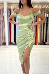 Simple Off-the-shoulder Evening Dresses Short Sage Prom Dresses With Slit-misshow.com