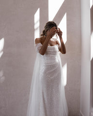 Simple Off-the-shoulder Glitter Mermaid Wedding Dresses-misshow.com