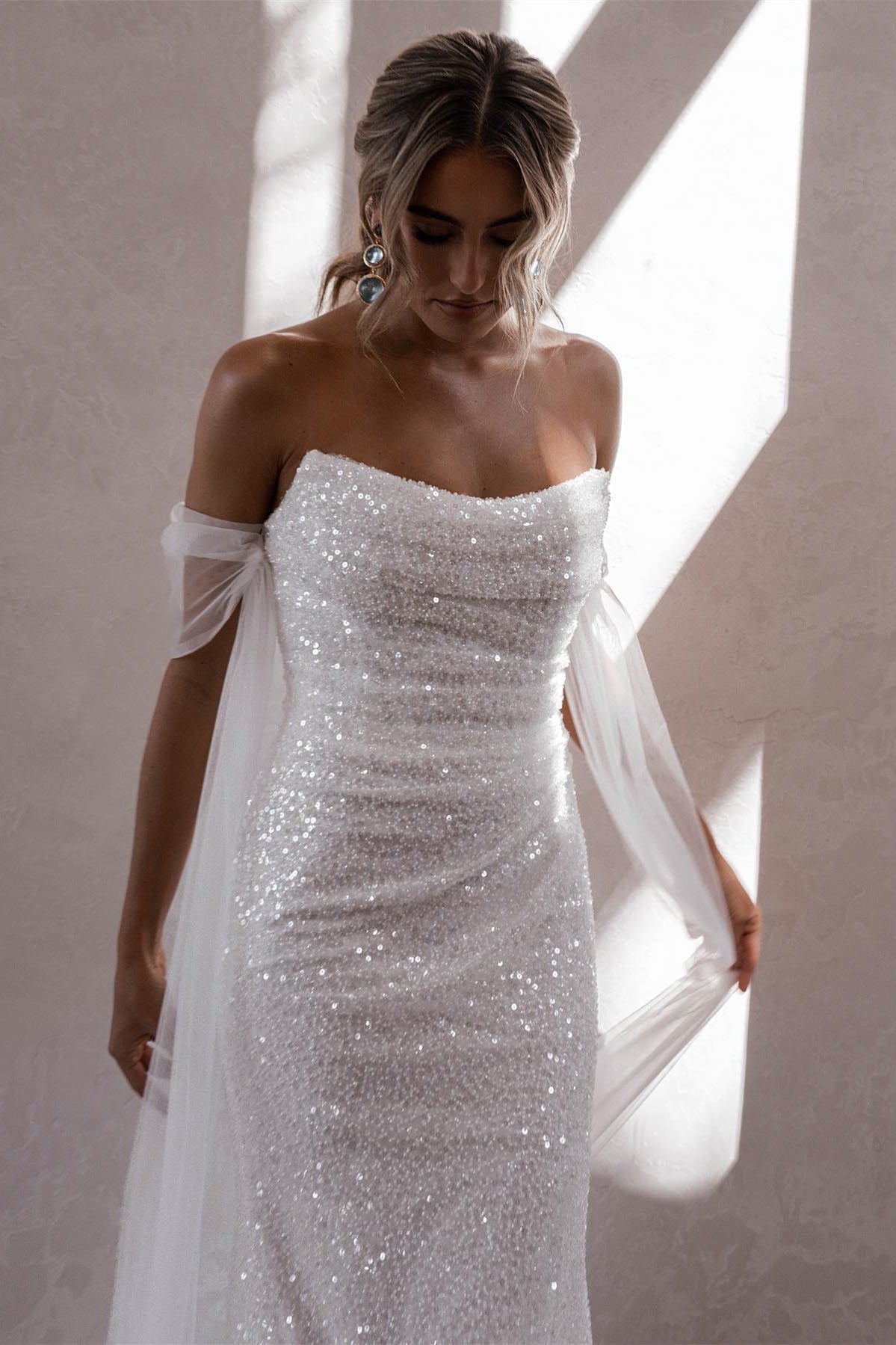 Simple Off-the-shoulder Glitter Mermaid Wedding Dresses-misshow.com