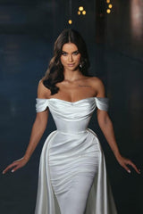 Simple Off-the-shoulder Satin A-line Sleeveless Wedding Dresses With Detachable Train-misshow.com