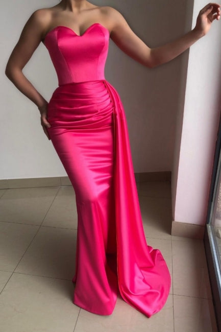 Simple Pink Strapless Sleeveless Mermaid Elastic Woven Satin Prom Dresses with Ruffles-misshow.com