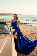 Simple Royal Blue Long A-line Sleeveless Prom Dresses With Slit-misshow.com