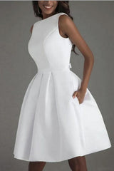 Simple Short White Sleeveless Backless Wedding Dresses-misshow.com