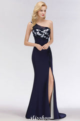 MISSHOW offers Simple Side Split One-Shoulder Prom Dresses, A-Line Sleeveless Mermaid Floral Appliques Evening Dresses at a good price from 100D Chiffon to Mermaid Floor-length them. Lightweight yet affordable home,beach,swimming useBridesmaid Dresses.