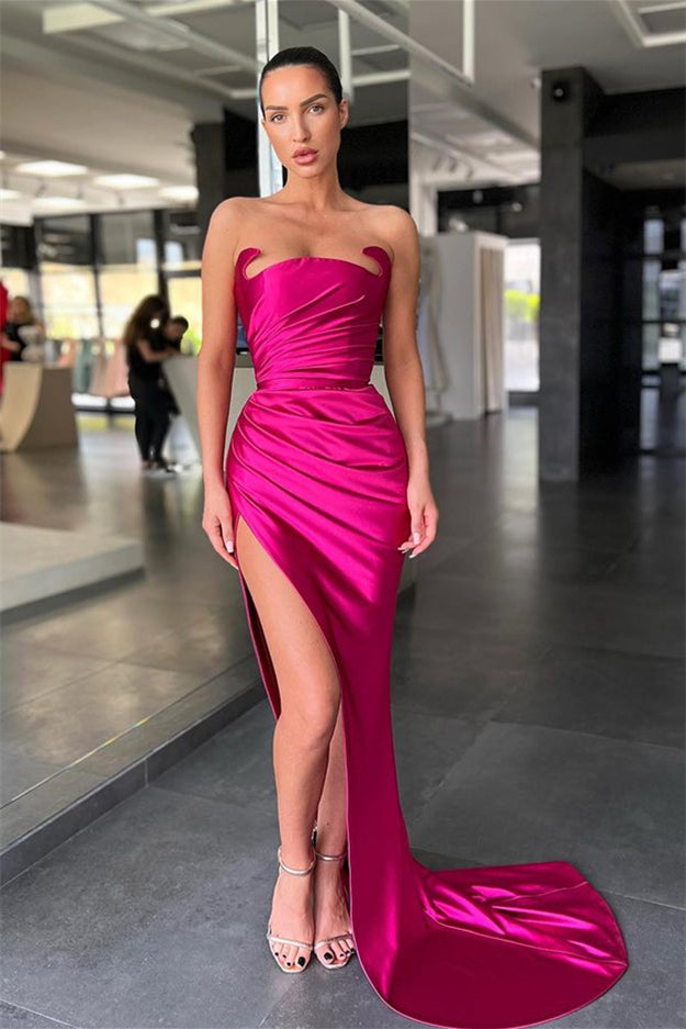 Simple Sleeveless Sexy Satin Split Front Mermaid Prom Dress-misshow.com