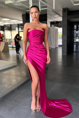 Simple Sleeveless Sexy Satin Split Front Mermaid Prom Dress-misshow.com