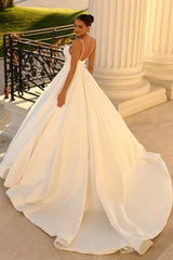 Simple spaghetti straps sleeveless ball gown satin wedding dress-misshow.com