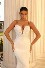 Simple spaghetti straps sleeveless mermaid satin wedding dress with lace-misshow.com