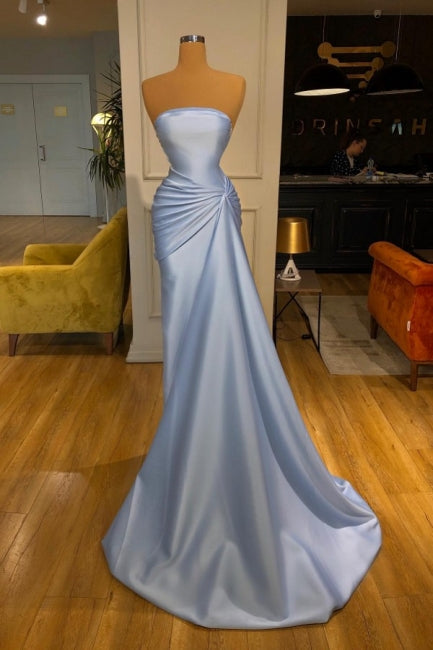 Simple Strapless Mermaid Evening Dresses Long Blue Prom Dresses-misshow.com