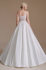 Simple Straps Sleeveless A-Line Floor-Length Satin Wedding Dresses with Ruffles-misshow.com