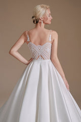 Simple Straps Sleeveless A-Line Floor-Length Satin Wedding Dresses with Ruffles-misshow.com