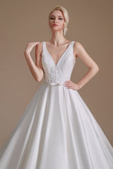 Simple Straps Sleeveless A-Line Floor-Length Satin Wedding Dresses with Ruffles-misshow.com