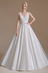 Simple Straps Sleeveless A-Line Floor-Length Satin Wedding Dresses with Ruffles-misshow.com