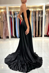 Simple Sweetheart Satin Evening Dresses Black Long Prom Dresses With Slit-misshow.com