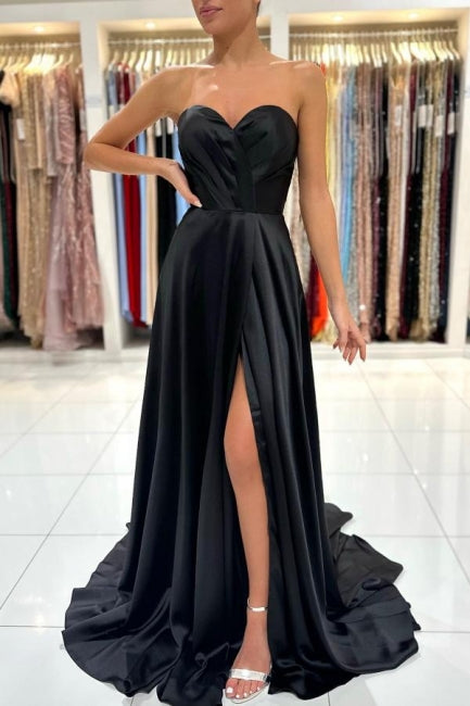 Simple Sweetheart Satin Evening Dresses Black Long Prom Dresses With Slit-misshow.com