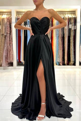 Simple Sweetheart Satin Evening Dresses Black Long Prom Dresses With Slit-misshow.com