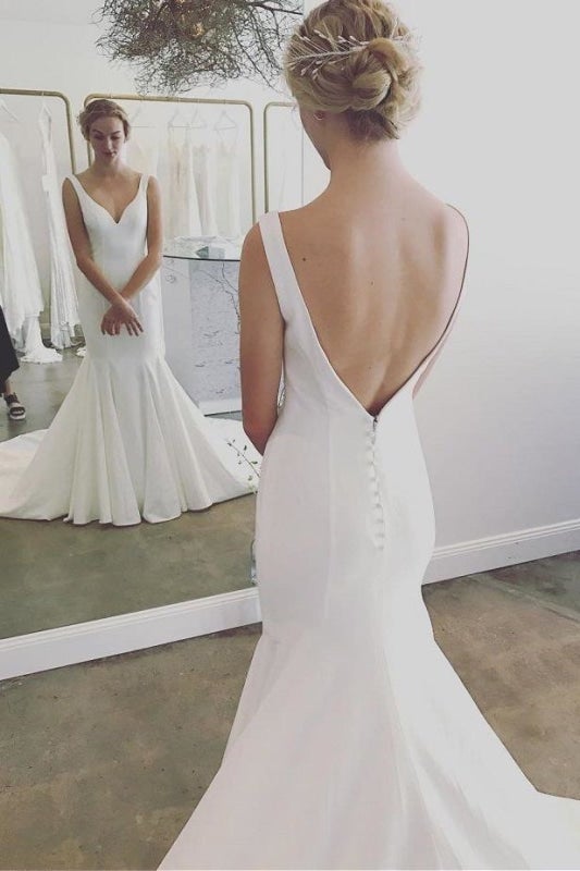 Simple V Neck Pretty Mermaid Long Beach Cheap Backless Elegant Wedding Dresses