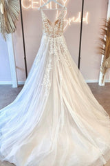 Simple v-neck sleeveless a-line lace Wedding dresses-misshow.com