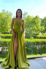 Sleek Green Sleeveless Ruffles Front-Split A-line Prom Dresses-misshow.com