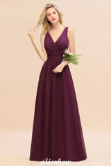 Sleeveless A-line Chiffon Bridesmaid Dress Floor-Length V-Neck Party Gown-misshow.com