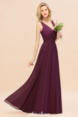 Sleeveless A-line Chiffon Bridesmaid Dress Floor-Length V-Neck Party Gown-misshow.com